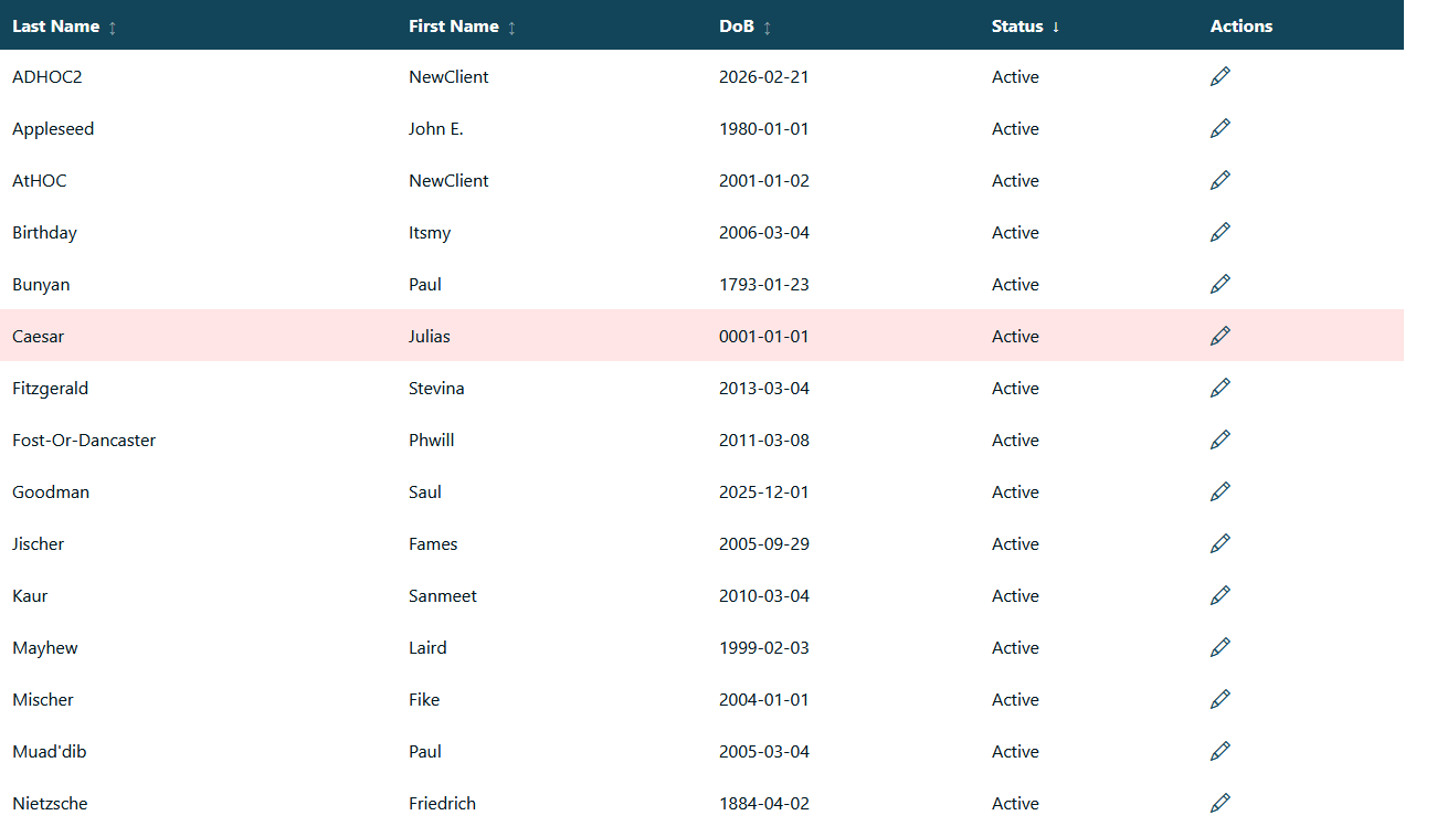 Client list setup screenshot
